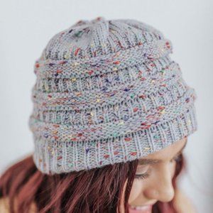 Gray Winter Colorful Knitted Ponytail Beanie